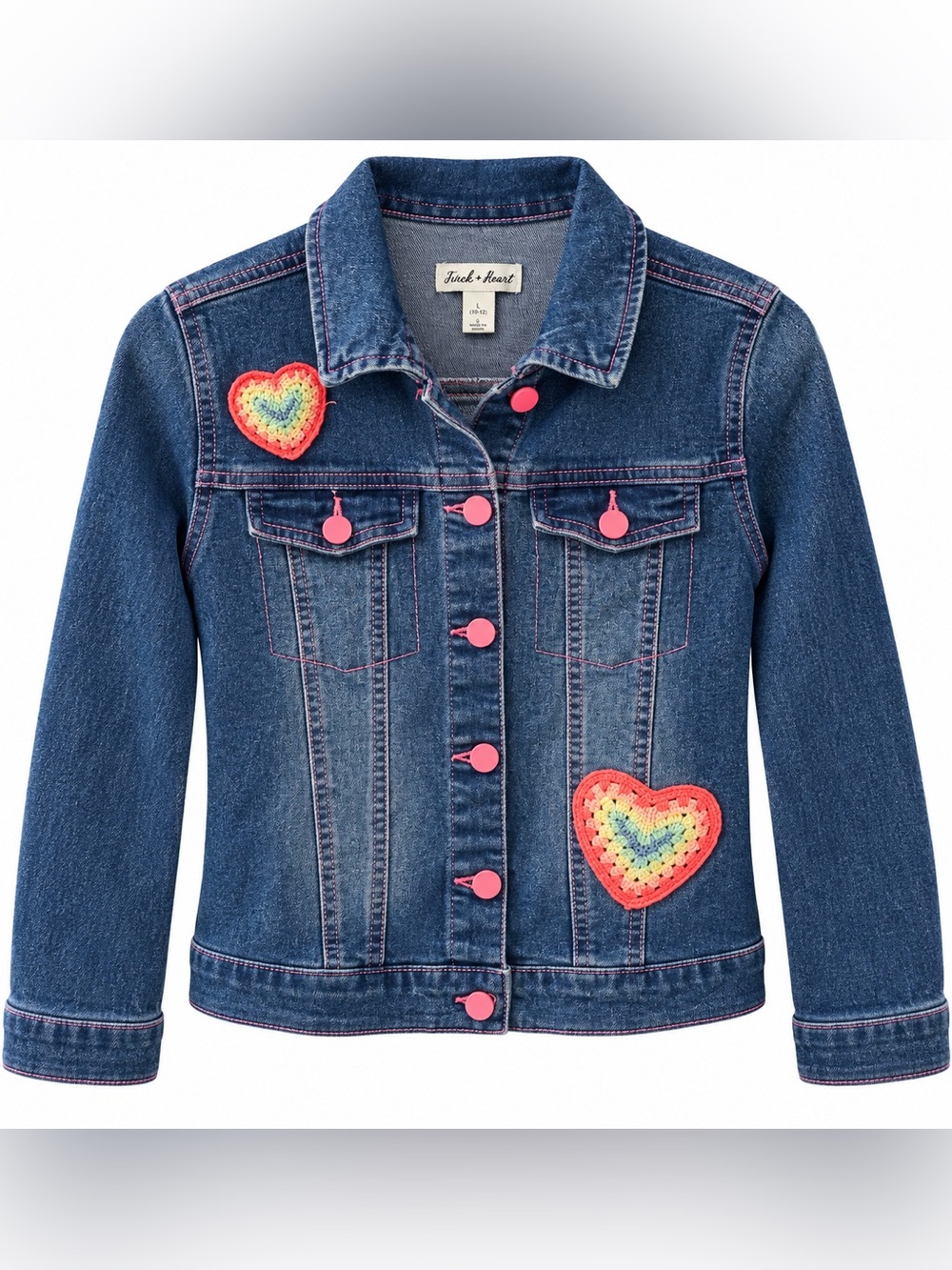 Derek Heart Girls L 10-12 Denim Jacket Crochet Heart Y2K Pink Buttons